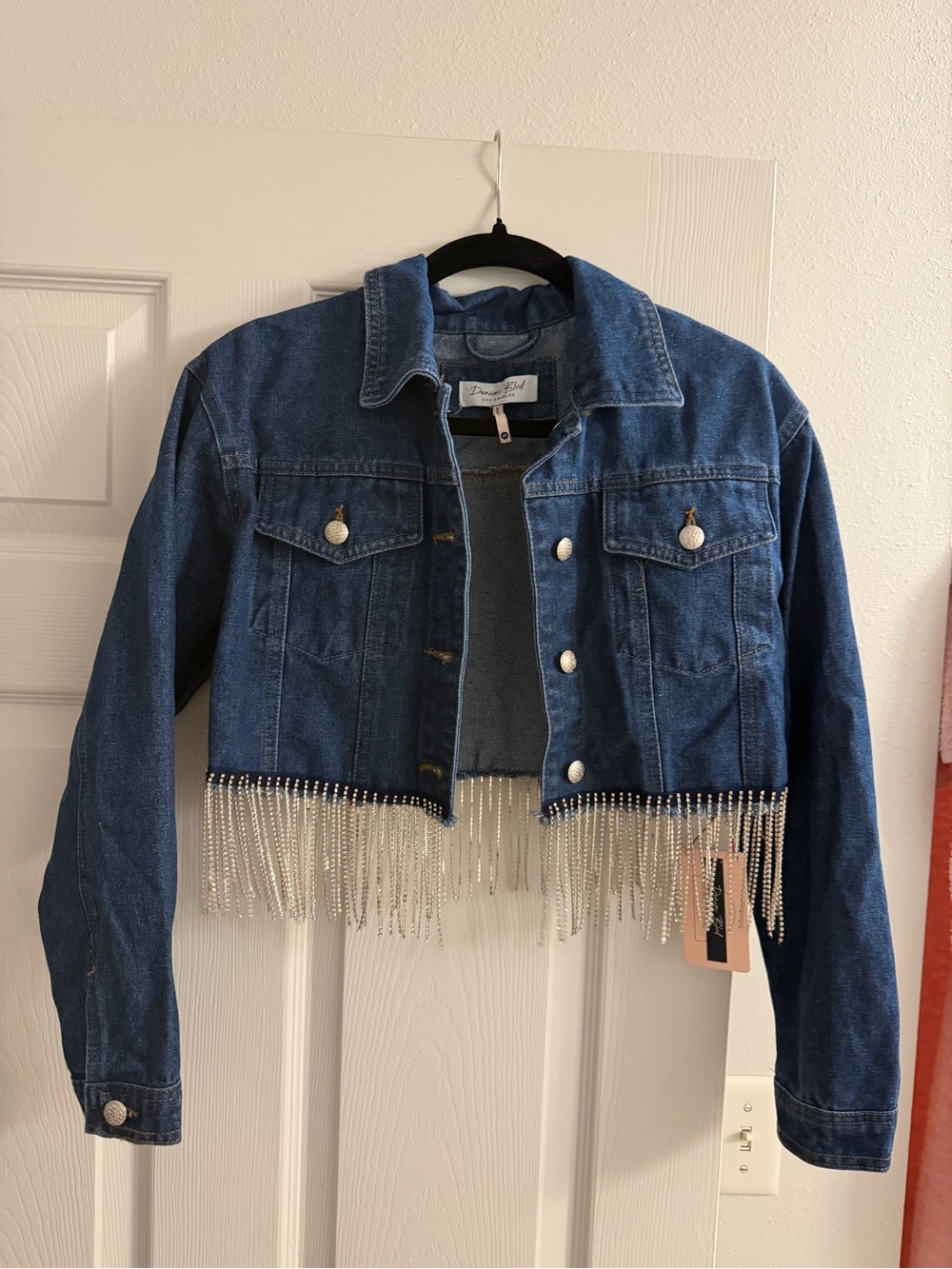 Denim Blvd Cropped Rhinestone Fringe Denim Jacket Small NWT